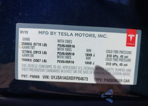 2013 Tesla Model S z USA, uszkodzony, nr VIN 5YJSA1AGXDFP04673